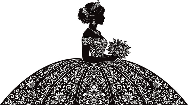 princess dress clipart black and white Puffy Ball Gown for a Princess Outline for Coloring on a White Stock Vector