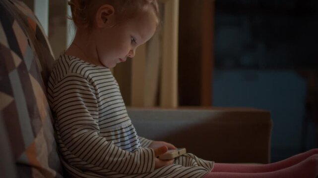 A young child cozied on a sofa is absorbed in vibrant smartphone cartoons, oblivious to potential eye harm from prolonged screen brightness and technology overuse