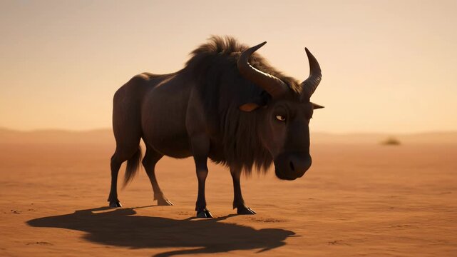 Animated wildebeest standing on desert plains with warm sunset light creating a beautiful wildlife scene of african safari