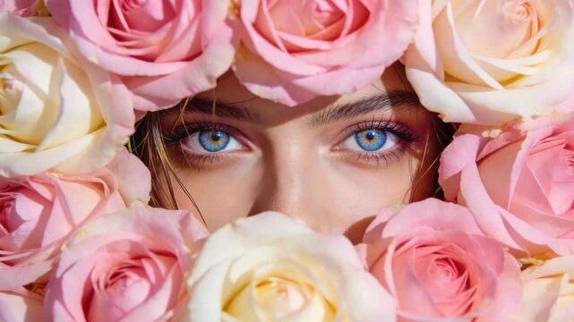 Closeup female eyes framed by pastel roses. Beauty, skincare, femininity and romantic floral fashion concept with soft lighting.