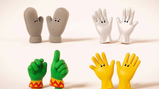 Cartoon gloves and mittens with googly eyes animation creative colorful apparel isolated on white background funny character concept for kids