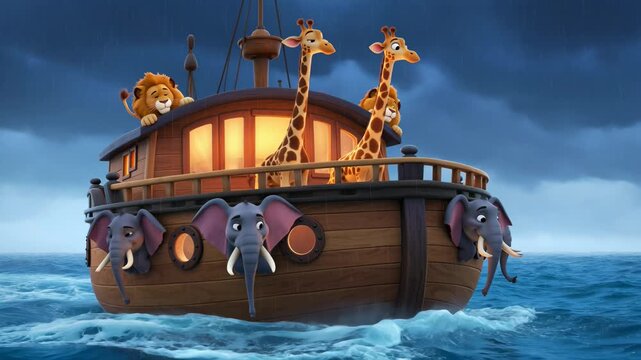 Cartoon noahs ark sailing on rough sea in rain with giraffes lions and elephants seeking safe harbor
