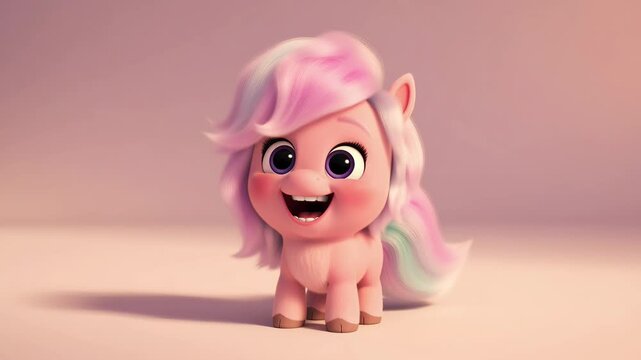 Delightful pink pony character with playful smile on a pastel background ideal for childrens animated content