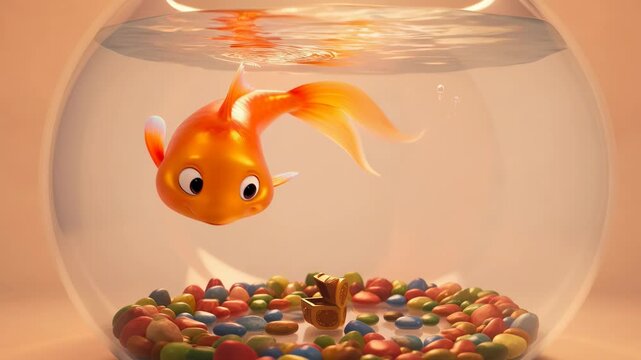 Goldfish in a cartoon style bowl with treasure and colorful candies floating smoothly around it animated