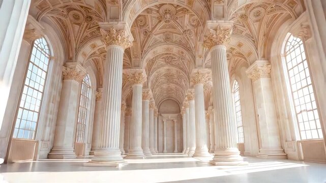 Grand ornate baroque hallway with tall marble columns arched ceilings intricate carvings large windows natural light elegant classical architecture interior