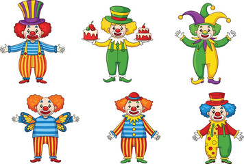 Colorful Clown Character Set with Different Costumes and Poses for Circus, Birthday Party, Carnival Entertainment, and Children Event Illustrations