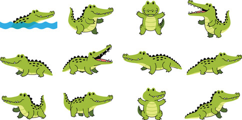 Cute Crocodile and Alligator Cartoon Character Set with Different Poses for Kids Illustration, Wildlife Education, and Animal Mascot Design