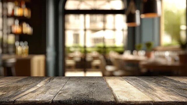 Empty rustic wooden table with blurred restaurant interior background