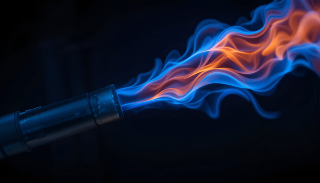 Blue and orange flames erupting from a torch nozzle against a dark background, showcasing the dynamic movement and intensity of fire in a controlled setting