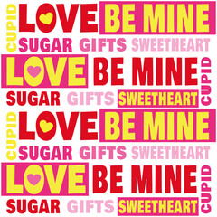 Fototapeta premium A bold and vibrant set of 7 Valentine's Day flat design illustrations featuring playful typography and iconic love symbols. The collection includes hearts, cupid's bow and arrow, love letters, cupcake