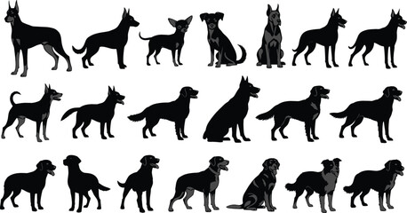 Dog Silhouette Collection with Various Breeds in Standing and Sitting Poses for Pet Care, Animal Shelter, Veterinary, and Canine Design Projects