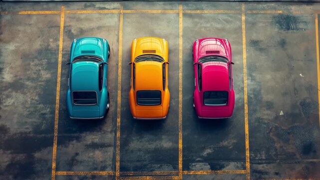 Vintage cars in blue, orange, and pink are parked in neat rows in a lot during midday