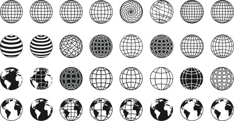 Globe and World Map Icon Set with Grid, Wireframe, Earth Hemisphere, and Global Network Symbols for Geography, Technology, and International Business Design