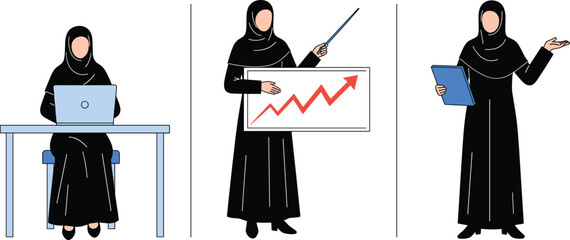 Muslim Businesswoman in Hijab Working on Laptop Presenting Growth Chart and Holding Clipboard Professional Office Vector Illustration Set