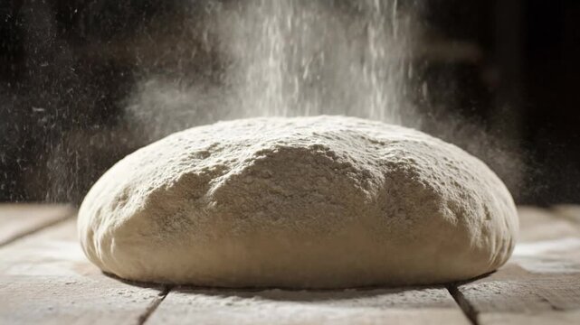 Flour falling onto fresh bread dough on rustic wooden table for baking.