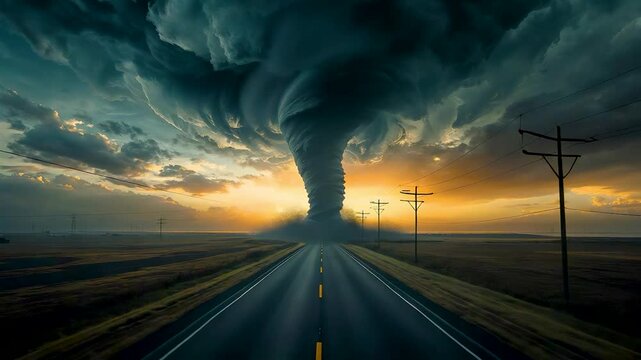 Massive tornado funnel crossing empty highway beneath dark storm clouds with dramatic sunset light over rural landscape