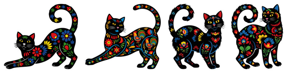 Set of four black cats in various poses decorated with colorful Polish folk floral patterns © Katarzyna