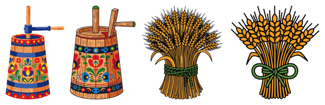 Polish agricultural folk elements featuring butter churns and wheat sheaves with traditional ornaments