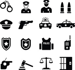 Black and white of police equipment and symbols including handcuffs, badges, guns, and police vehicles © MD. JUWEEL