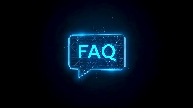 Blue glowing FAQ text inside speech bubble with neon light effect on dark digital interface concept
