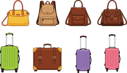Travel Bags and Suitcases Collection with Handbag Backpack Briefcase and Rolling Luggage Colorful Vector Illustration Set for Tourism Design