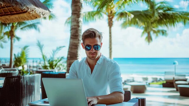 A person is focused on a laptop while sitting at an outdoor table by the beach with palm trees and ocean waves in the background