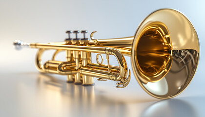 Polished Brass Trumpet with Bright Metallic Shine in Clean Light Setting, Professional Music Instrument Advertising