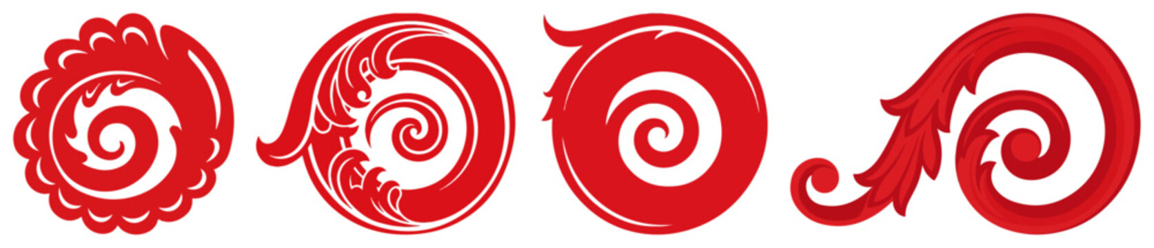 Set of red decorative scroll ornaments and floral flourishes inspired by traditional regional art