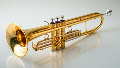 Obraz premium Polished Brass Trumpet with Bright Metallic Shine in Clean Light Setting, Professional Music Instrument Advertising