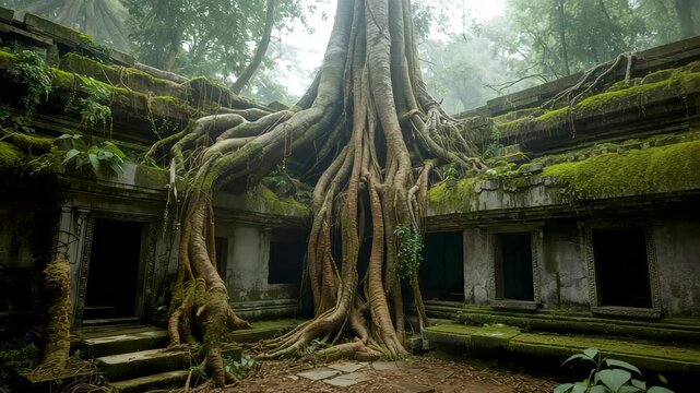 Ancient temple ruins covered with massive tree roots and moss in misty jungle forest creating mysterious overgrown architecture scene