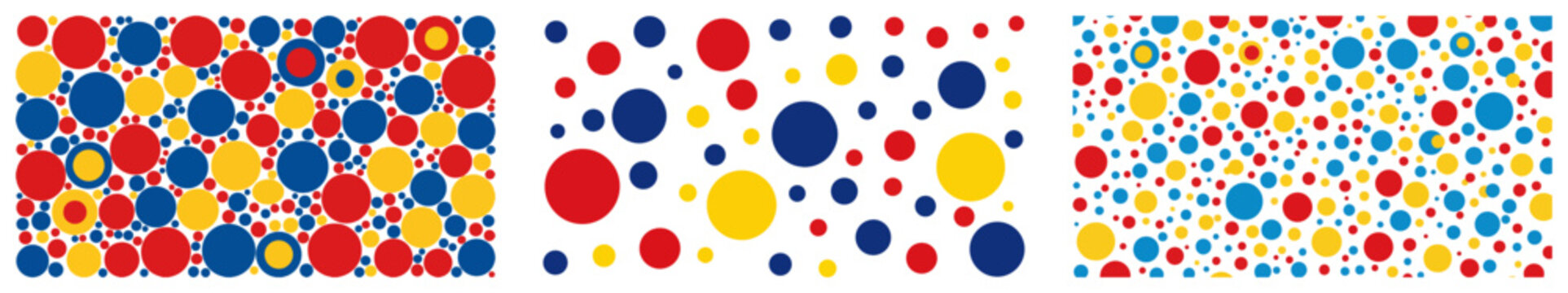 Seamless polka dot pattern backgrounds in vibrant primary colors of red blue and yellow
