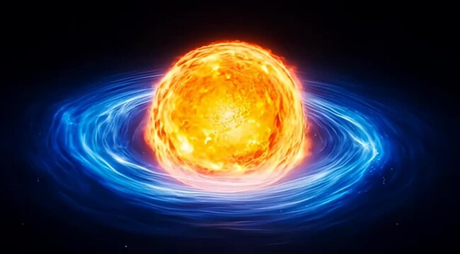 Digital rendering of a star with a blue ring in a dark background