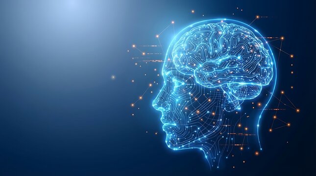 Digital human head with glowing brain circuit lines representing artificial intelligence and technology.