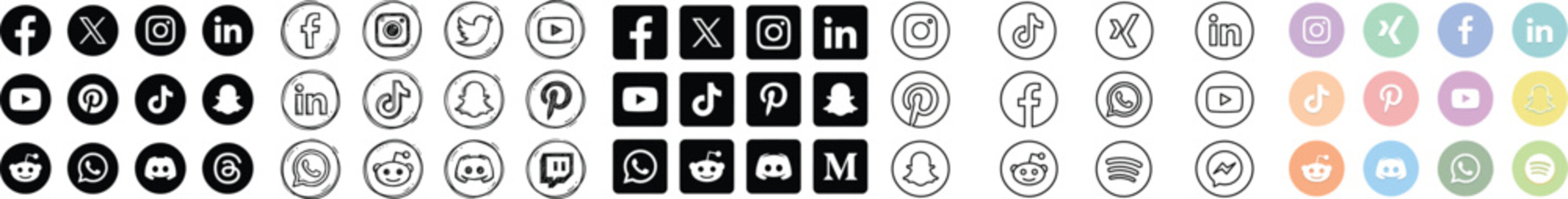 Comprehensive social media icon set with popular network logos in diverse styles for professional website and app design