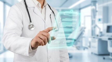 Doctor Interacting with Digital Medical Record Clipboard in Modern Hospital Setting