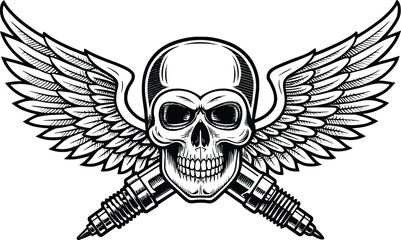 Detailed skull illustration with wings and crossed spark plugs