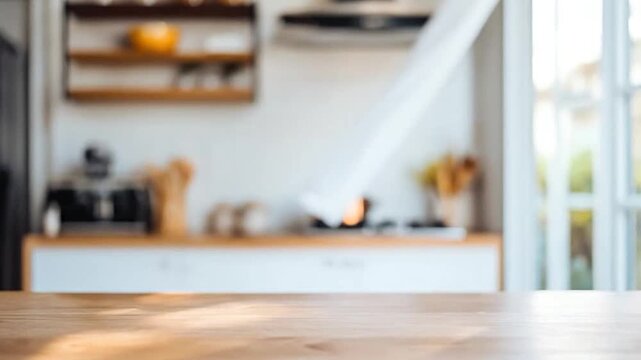 Empty wooden table in a modern kitchen with blurred background and sunlight