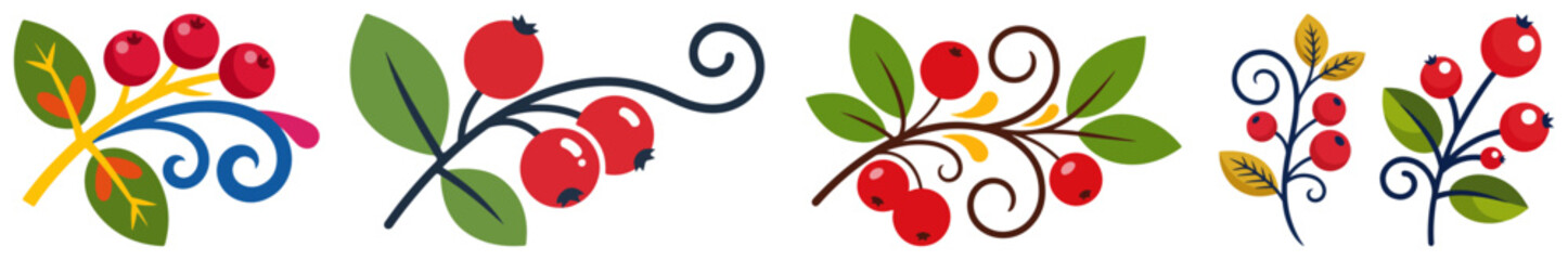 Red berries on branches with decorative scrolls and green leaves in polish folk style © Katarzyna