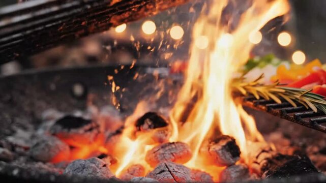 Juicy grilled steak cooking on open flame with herbs and vegetables