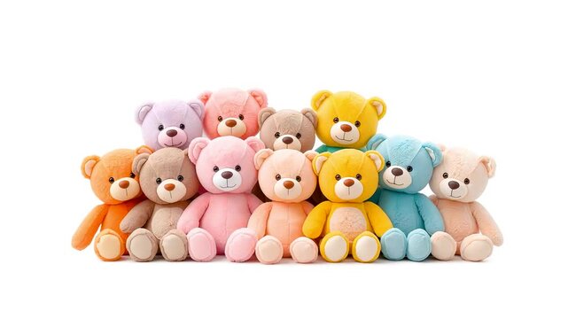 Colorful plush teddy bears arranged in neat rows on white surface with soft pastel tones and cute toy collection display