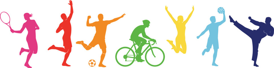 Obraz premium Colorful sports silhouettes collection featuring tennis, soccer, cycling, basketball and martial arts athletes, vibrant vector illustration isolated on white background