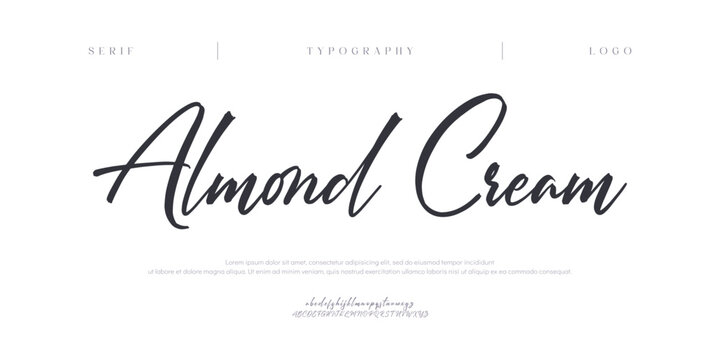Almond Cream, Script alphabet letters font logo. Typography luxury classic lettering serif italic fonts decorative wedding vintage retro logos. vector illustration
