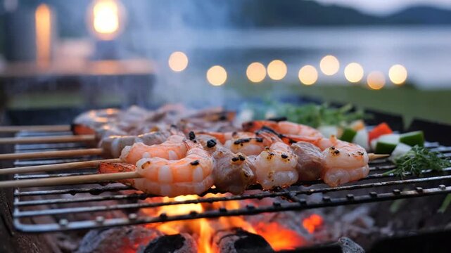 Grilled shrimp skewers cooking on open flame with blurred background