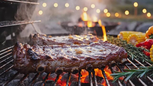 Juicy grilled steak cooking over open flame with vegetables