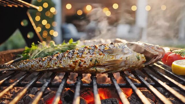 Freshly Grilled Whole Fish with Lemon and Vegetables on Barbecue