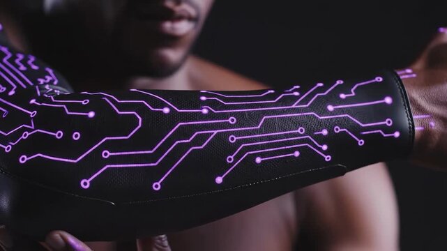A dramatic, low-key image showcasing a technological and futuristic arm modification. Perfect for illustrating concepts of innovation, transhumanism, 