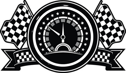 Vintage speedometer with checkered flags and stars on a black background