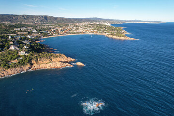 Aerial view of Mediterranean coastline near by Sant Feliu de Gu&iacute;xols on sunny day. Girona, Spain.