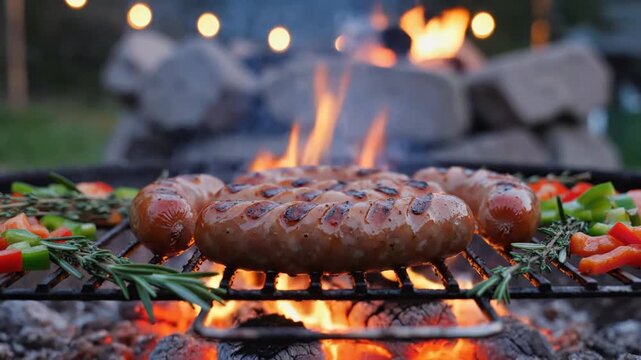 Barbecue Grill with Juicy Burgers and Vegetables Cooking Outdoors