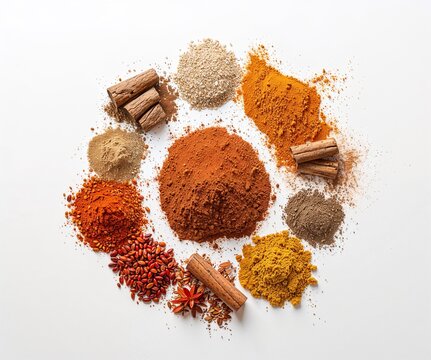 Flat Lay of Exotic Spices Including Turmeric, Paprika, and Cinnamon Sticks in a Round Border - Healthy Cooking and Spices Background